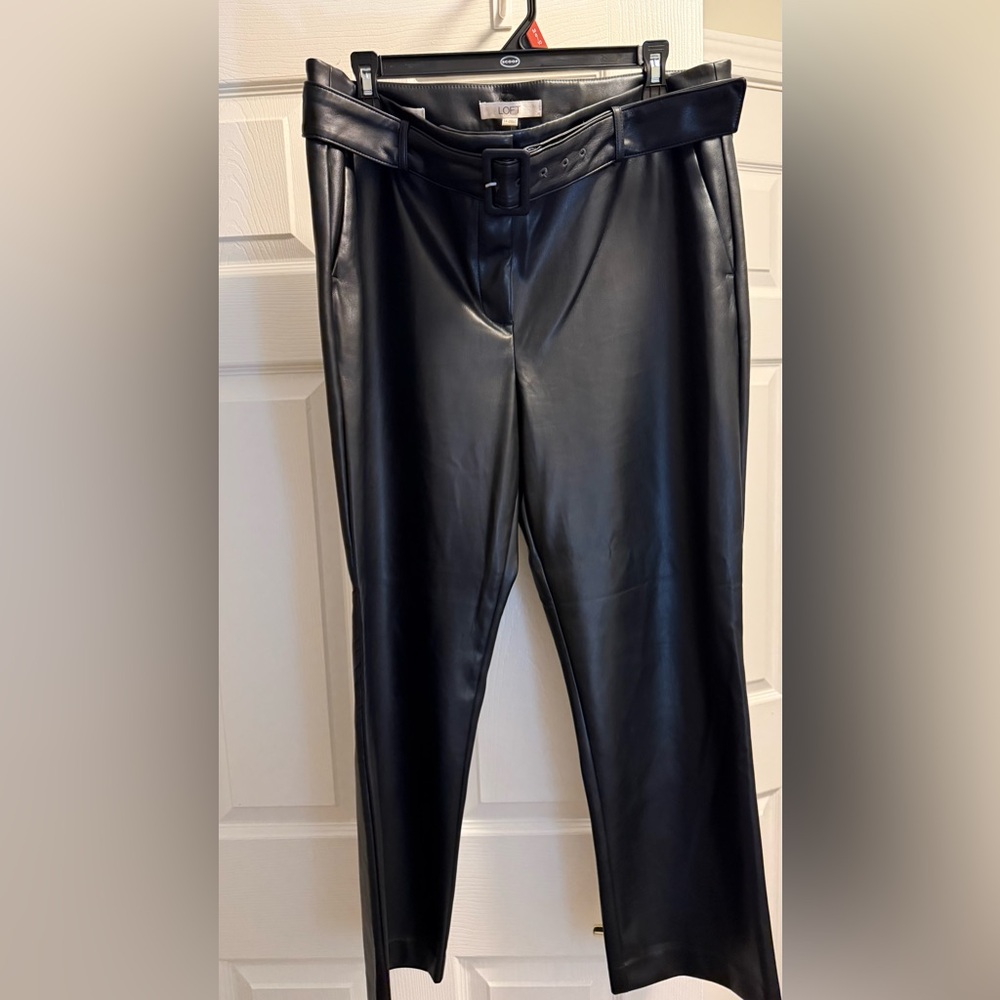 LOFT Riviera Slim Faux Leather Pants Belted Black
